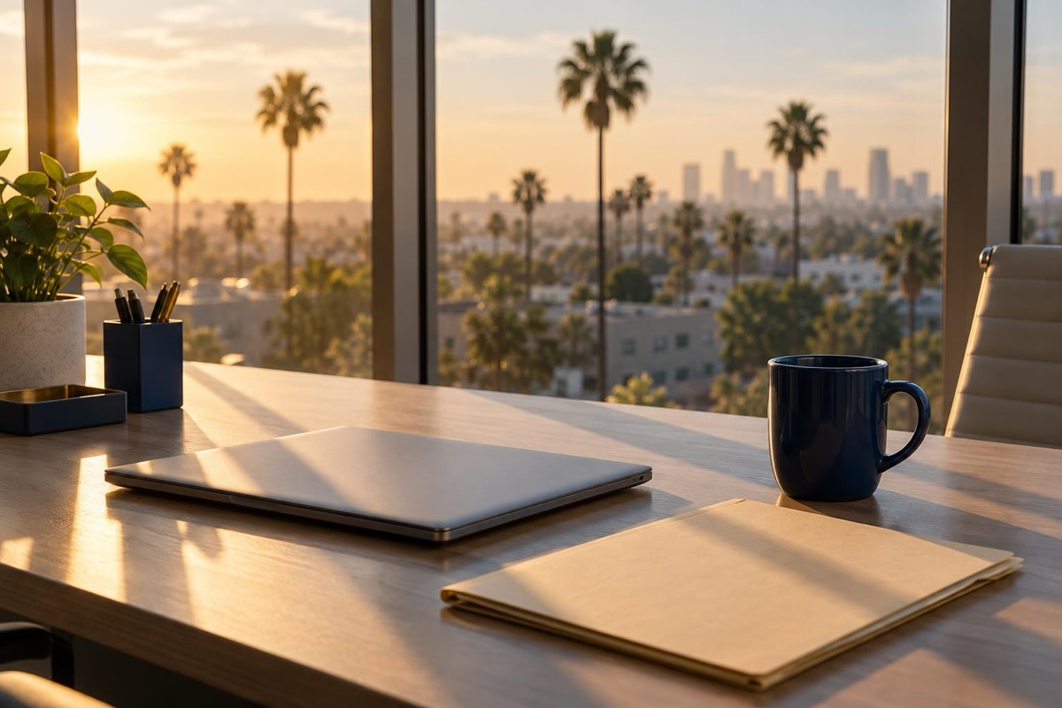 An office desk with a closed laptop, a coffee mug and a folder in late-afternoon light, with palm trees outside the window.