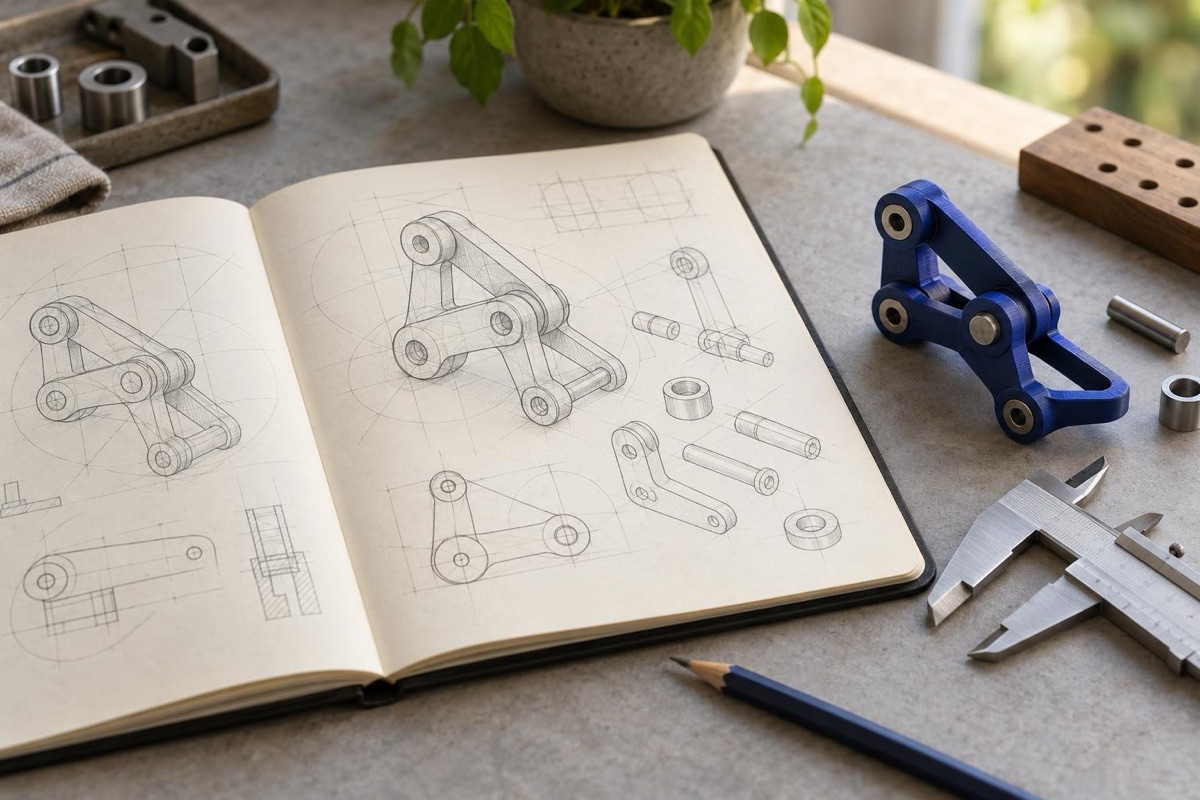 An inventor's sketchbook with hand-drawn mechanical diagrams next to a 3D-printed prototype part, calipers and a pencil.