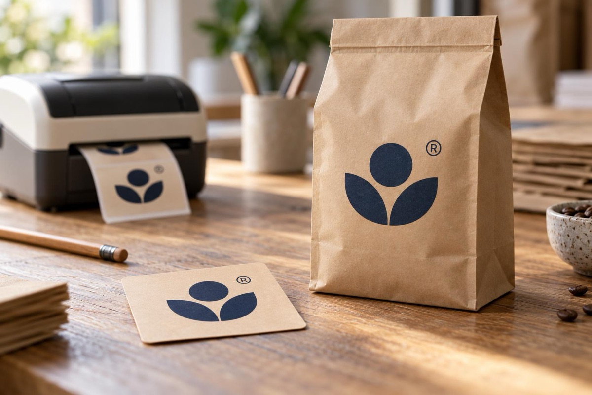 Kraft coffee bags and labels on a wooden workbench, each printed with a simple logo and the ® registered trademark symbol.