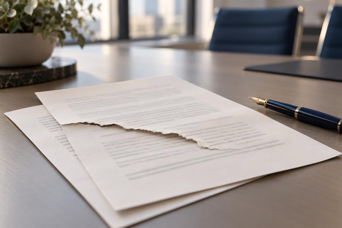 Two contract pages on a conference table, the top page torn across, beside a fountain pen.